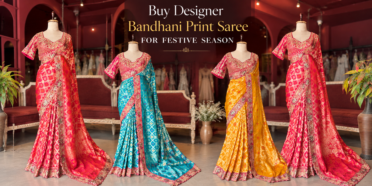 Buy Designer Bandhani Print Saree for Festive Season — Mayrake's Vibrant Collection