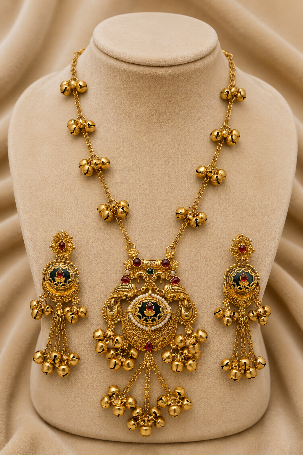Gold-Tone Anti-Tarnish Long Necklace Set With Peacock Design