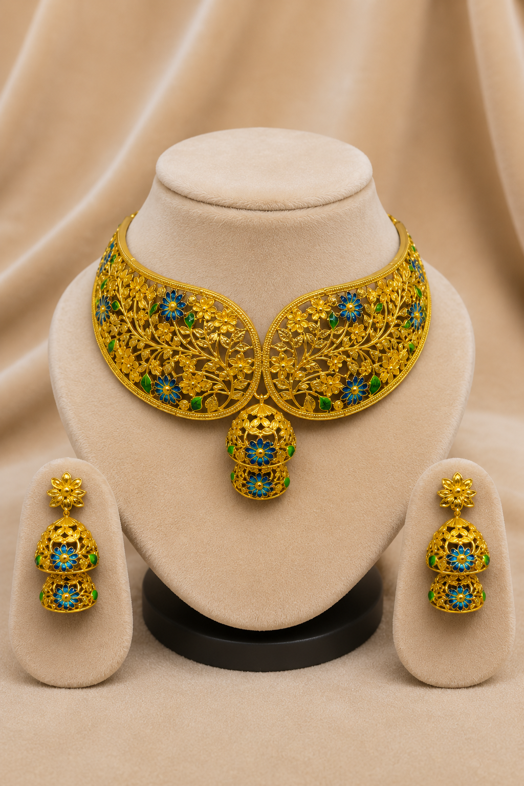Gold-Tone Traditional Floral Filigree Choker Necklace Set with Blue Meenakari