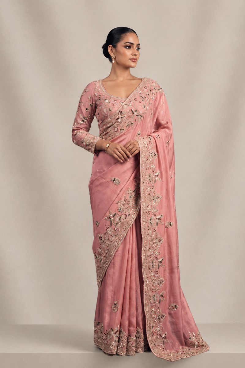 Rose Pink Organza Silk Saree with Peacock Hand Embroidery with Stitched Blouse