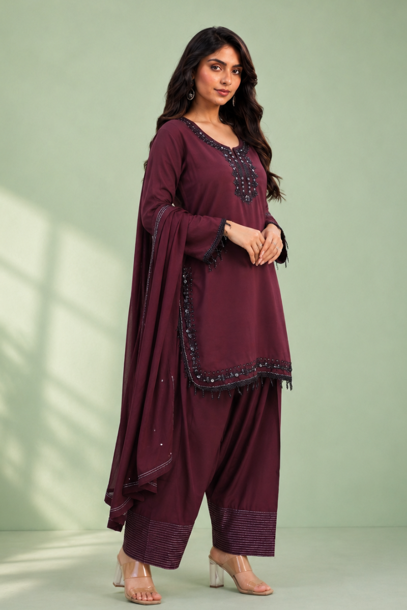 Wine Purple Silk Farsi Set with Embroidered Designer Work