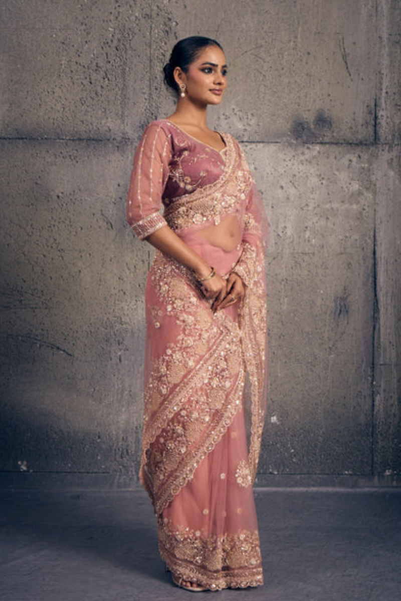 Light Rose Pink Net Saree with Hand Embroidery with Stitched Blouse