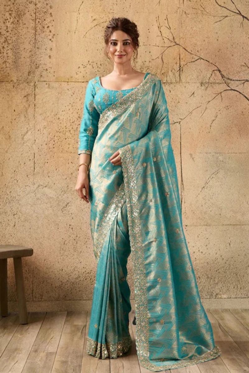 Sky Blue Organza Silk Saree with Zari Hand Embroidery with Stitched Blouse