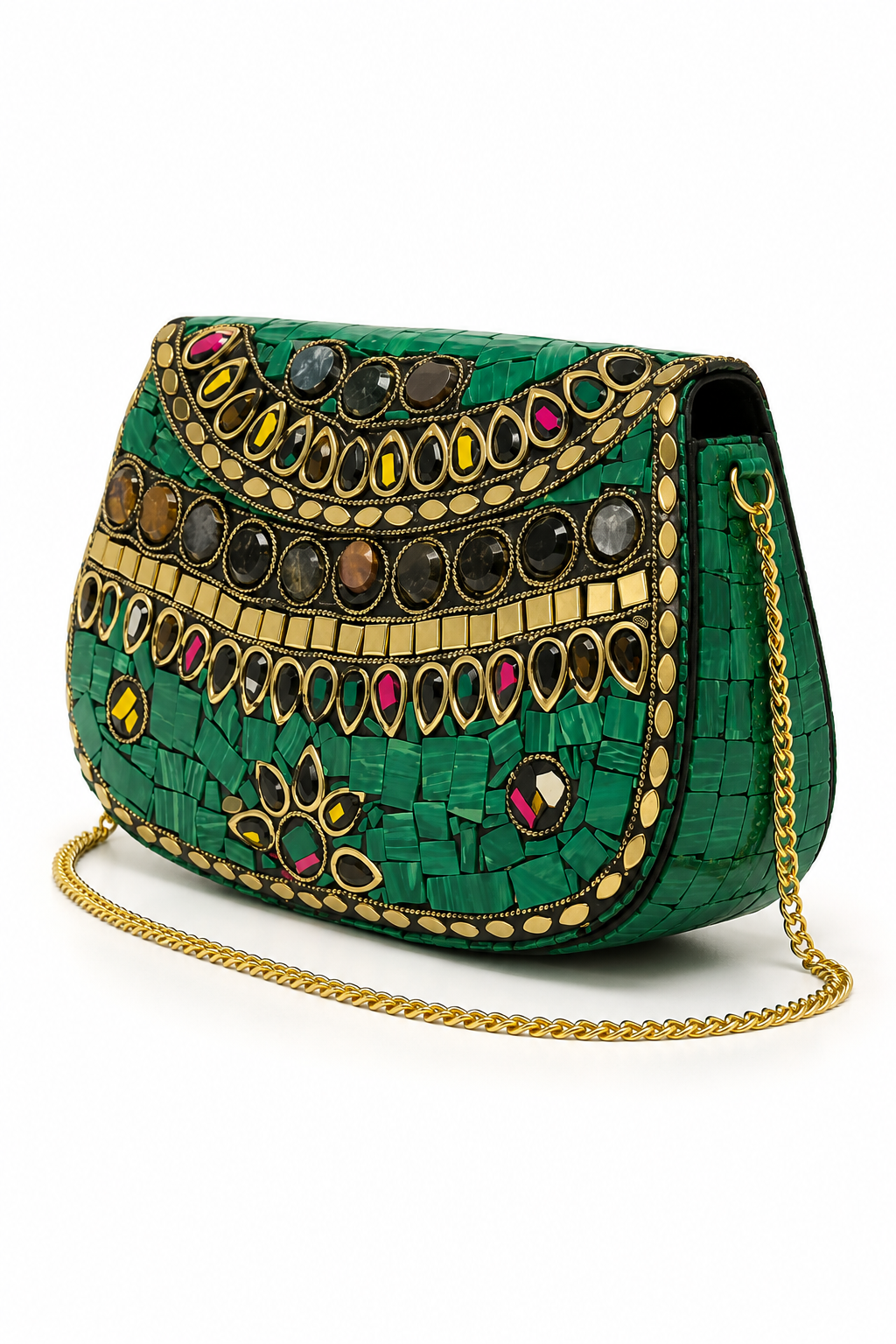 Green Clutch with Multicolor Kundan Stone Work
