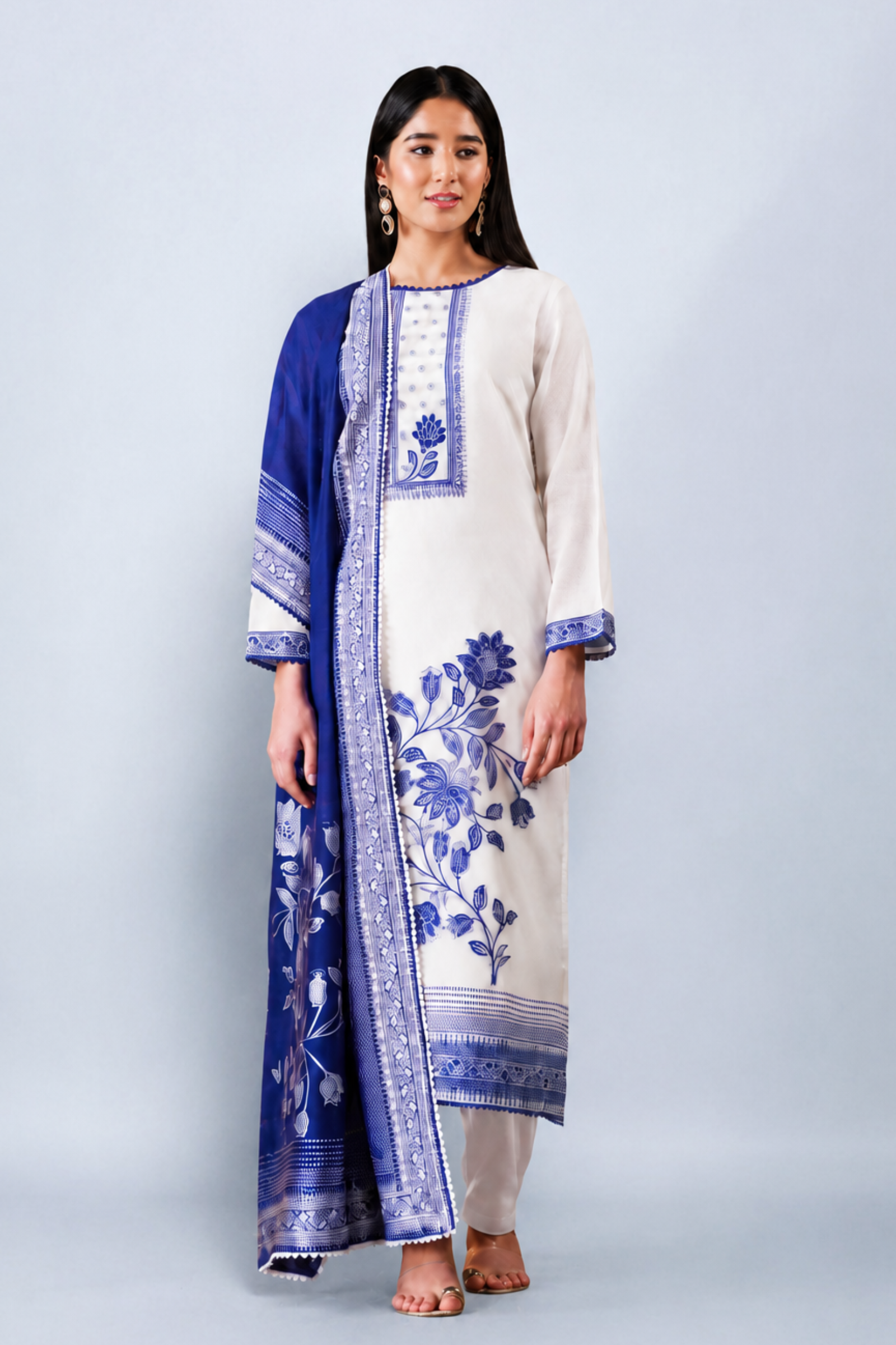 White Pure Bemberg Banarasi Jamdani Suit Set with Crochet Lace Design