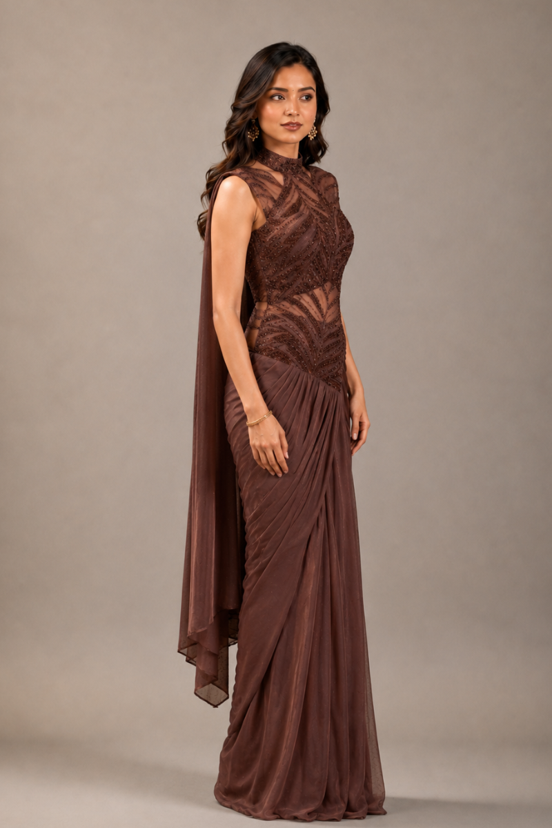 Coffee Brown Lycra Pre-Draped Saree with Sequin and Embroidered Ready to Wear Blouse