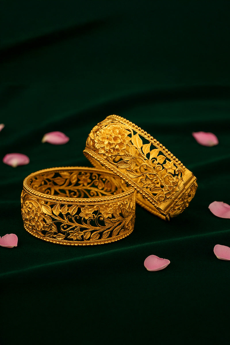 Gold Plated Heavyweight Bangles Set with Floral Motif