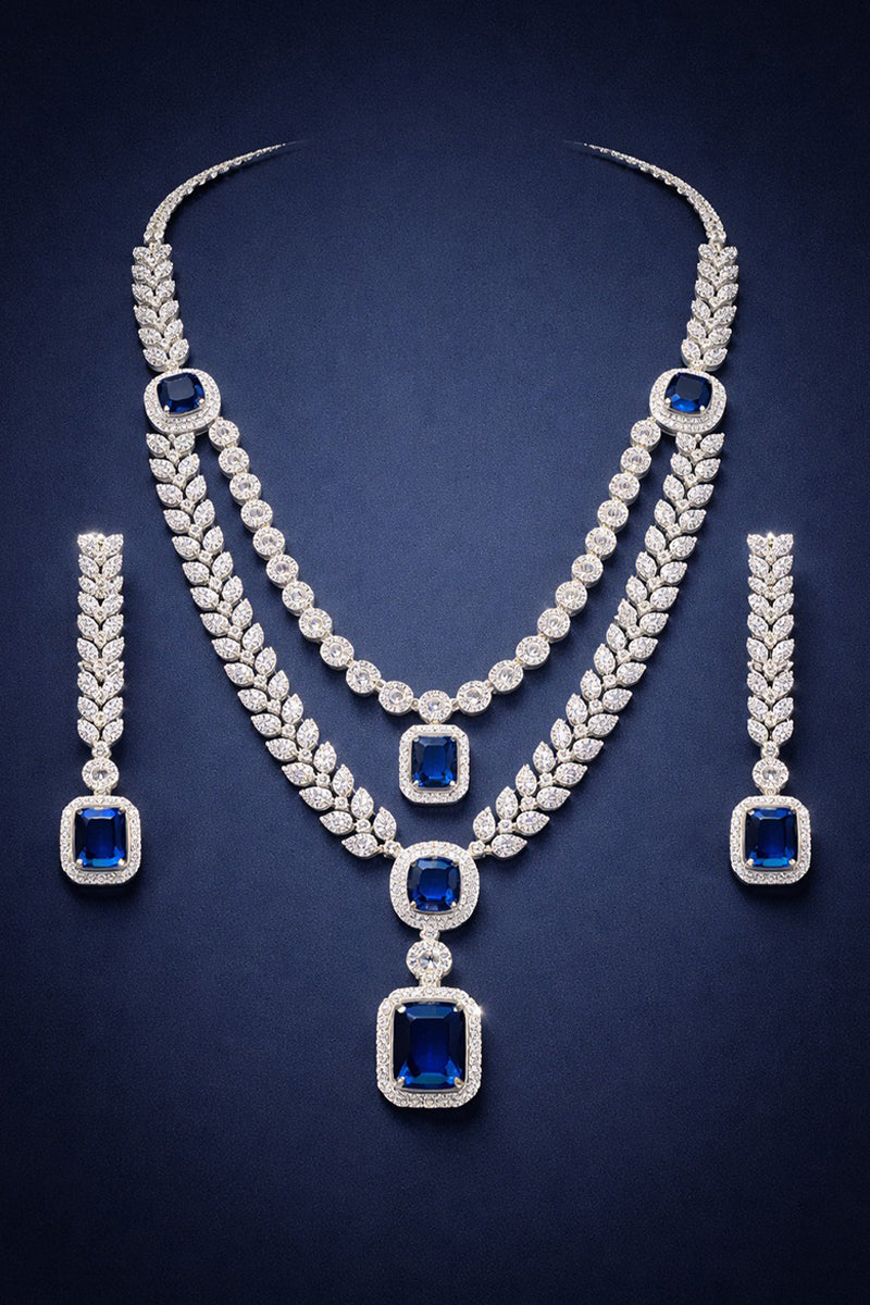 Royal Dark Blue American Diamond Double-Layer Leaf Necklace