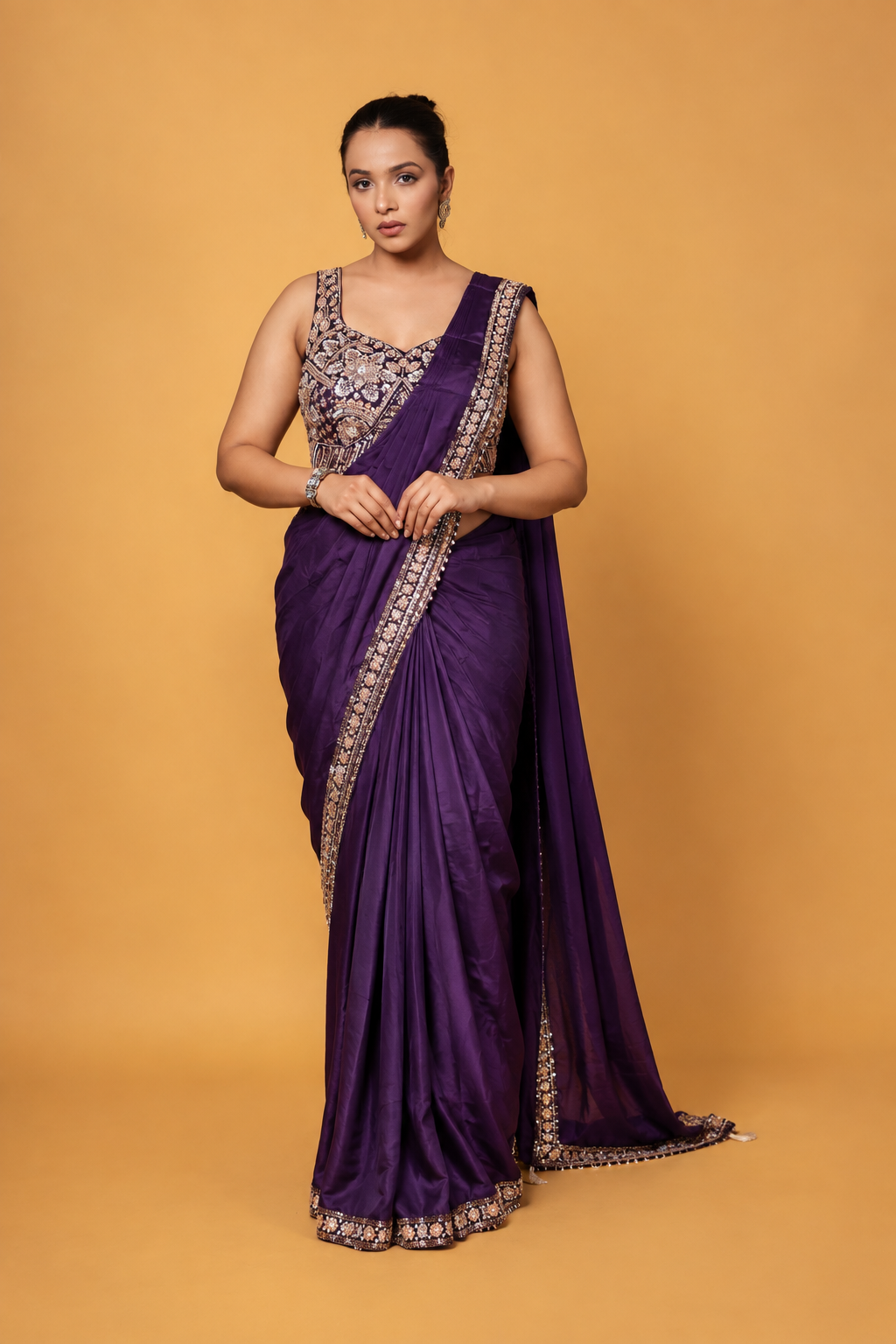 Dark Purple Lycra Pre-Draped Saree with Embroidered Border