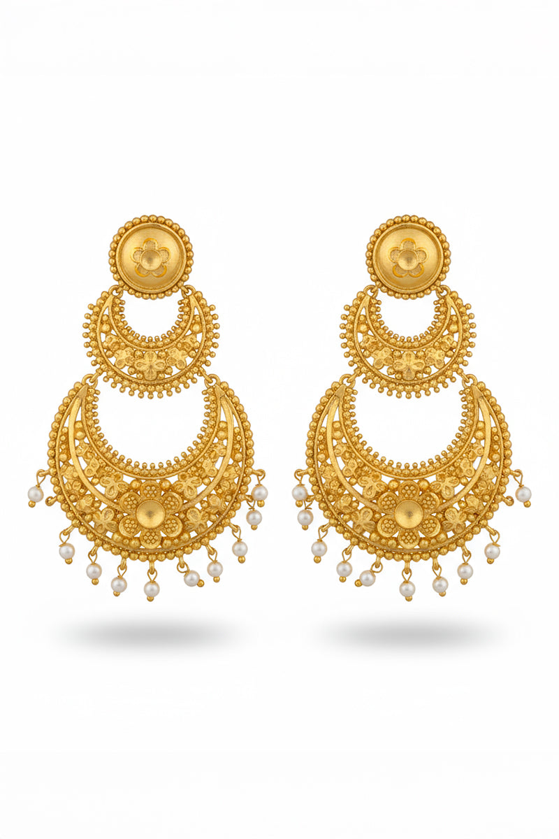 Gold Plated Chandbali Stud Earrings with Floral Design