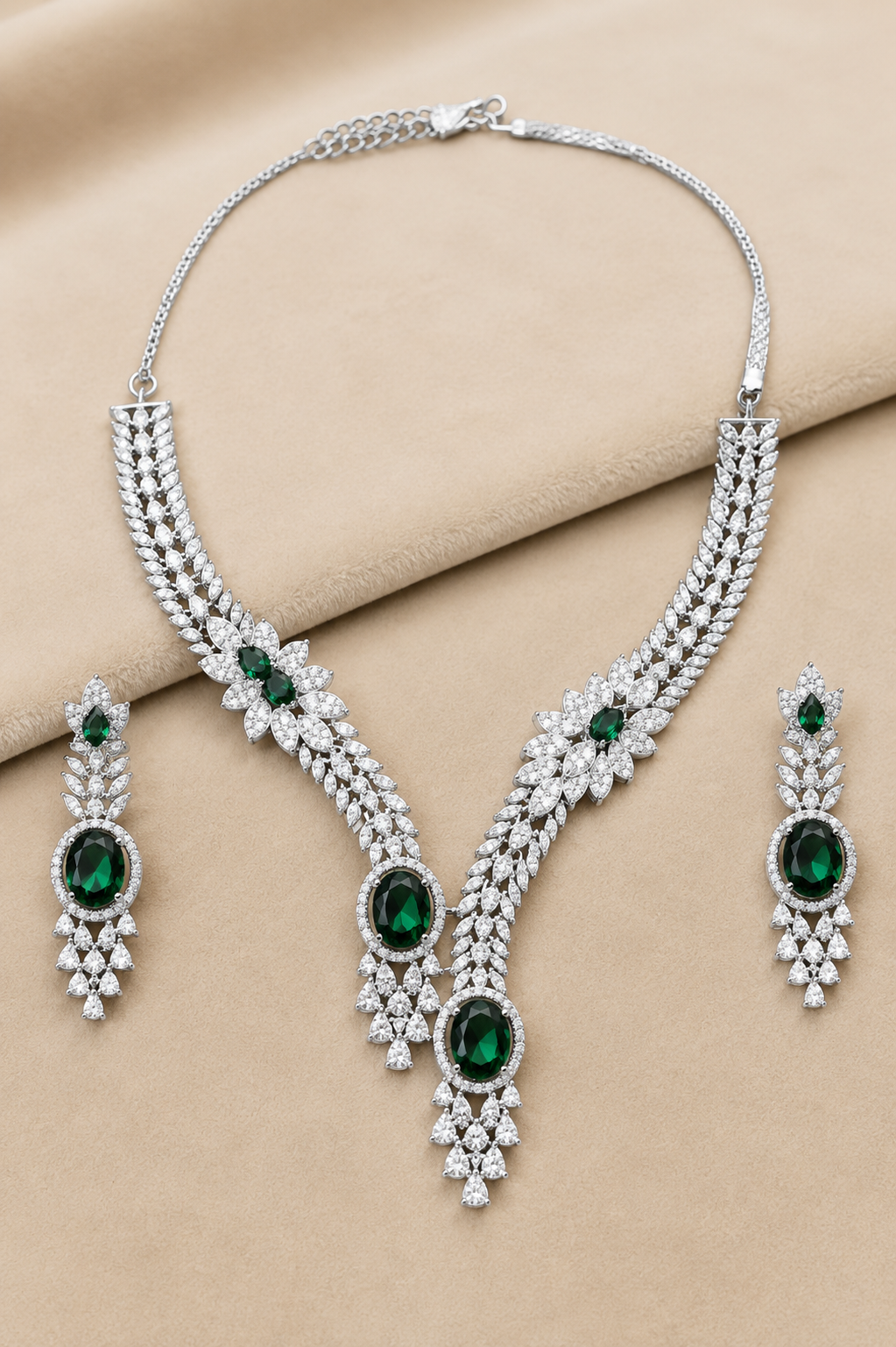 Green Silver-Tone Oval shaped American Diamond Necklace Set with Floral Motif