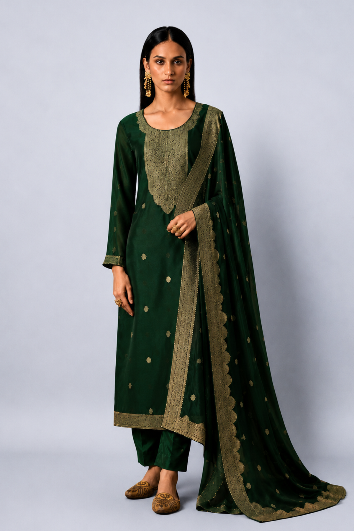 Bottle Green Viscose Silk Jacquard Suit Set With Hand Work