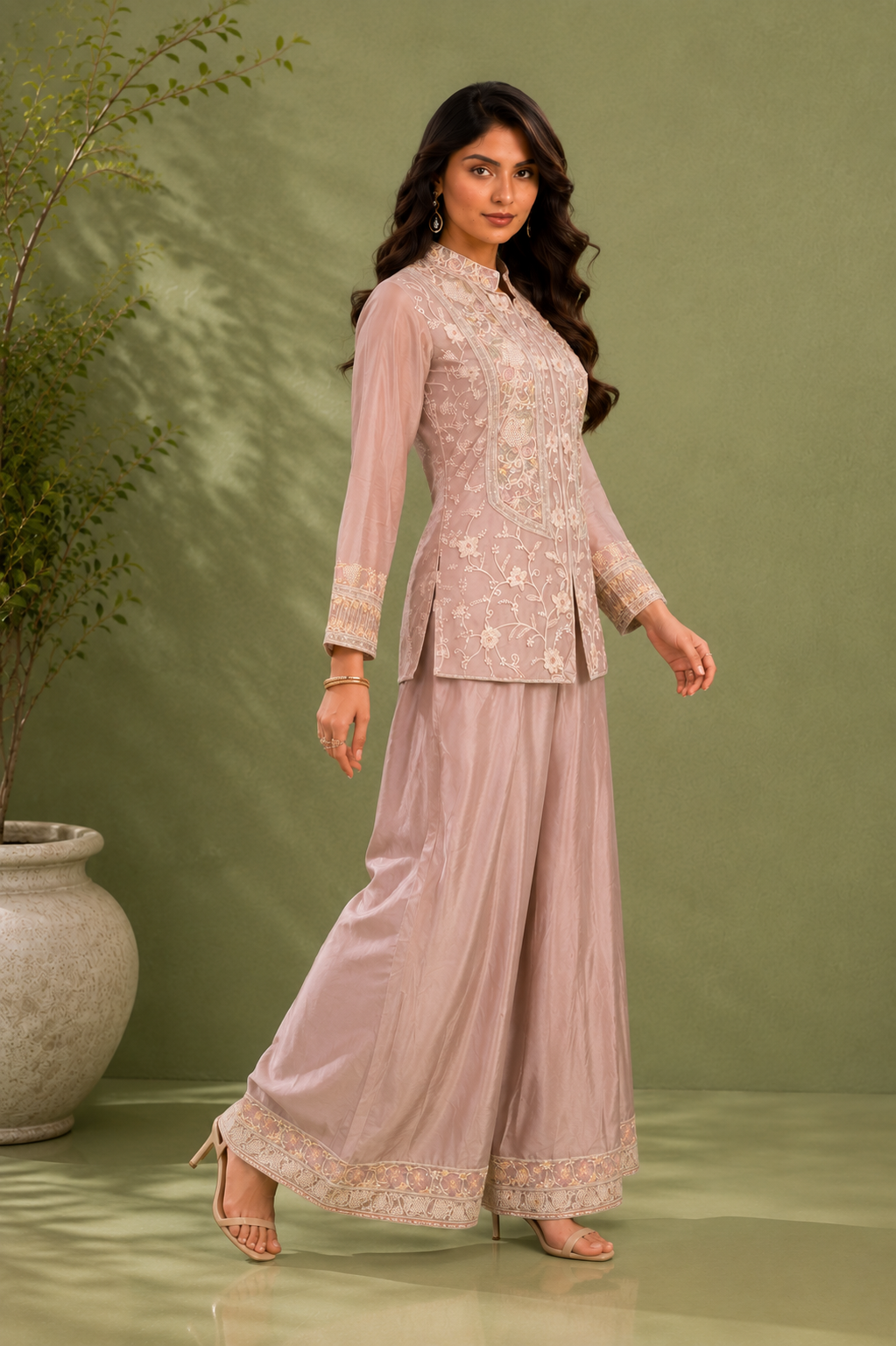 Dusty Pink Chinon Silk Cord Set with Floral Embroidery