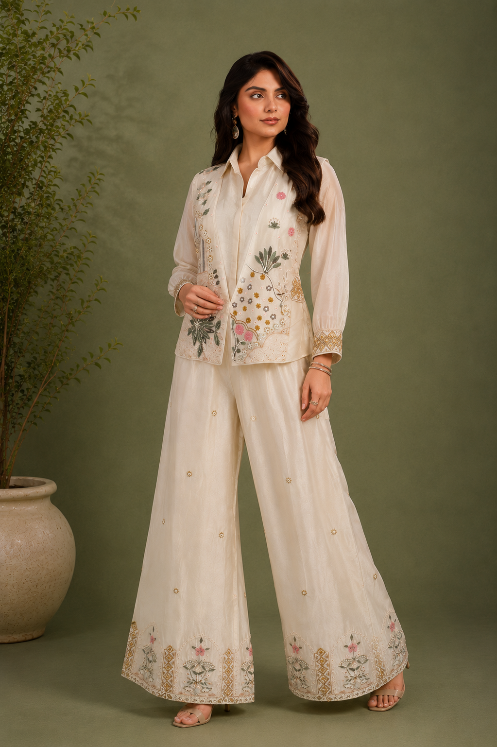 Off White Chinon Silk 3 Piece Cord Set with Hand Embroidered Jacket