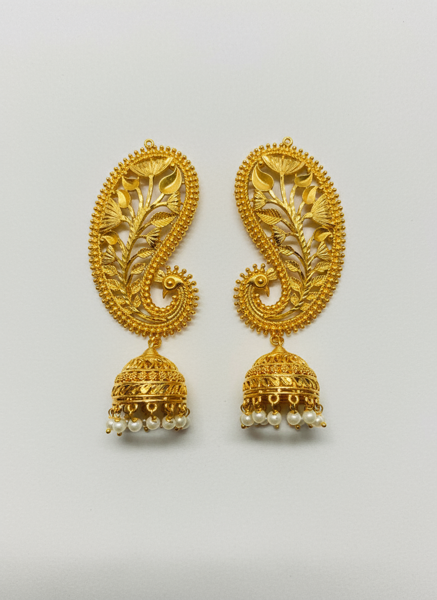 Gold Plated Jhumka Earring Cuff with Leave pattern Design