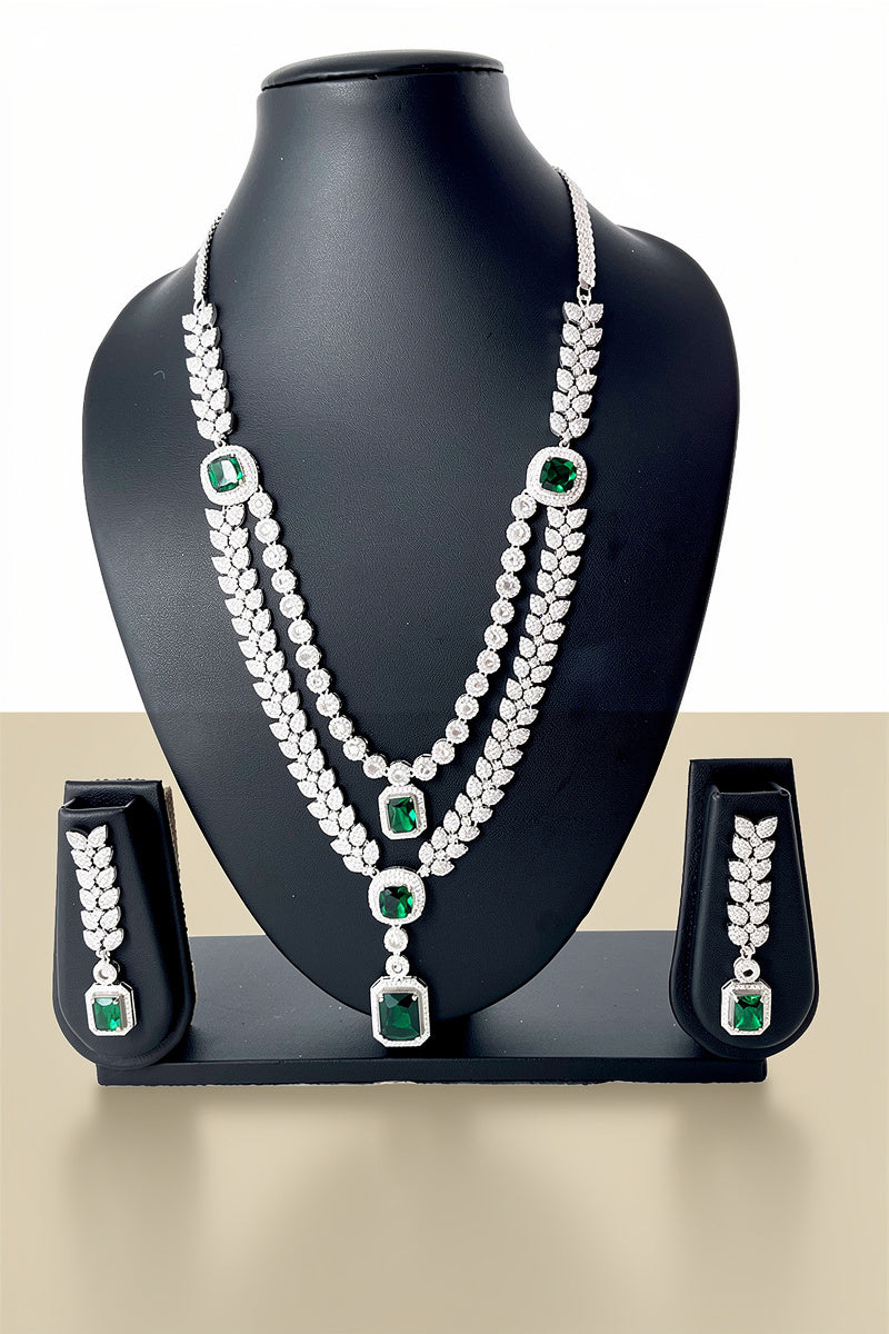 Emerald Green American Diamond Double-Layer Leaf Necklace