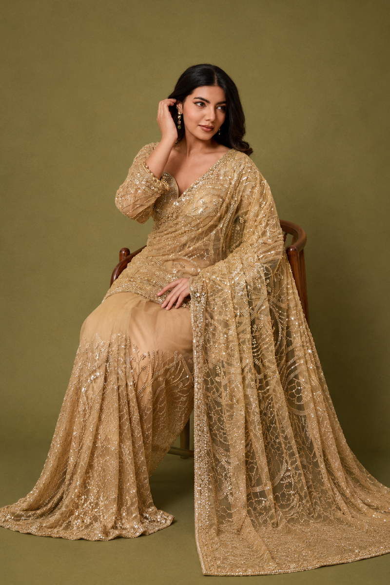 Champagne Gold Hand-Embroidered Designer Saree With Ready To Wear Blouse