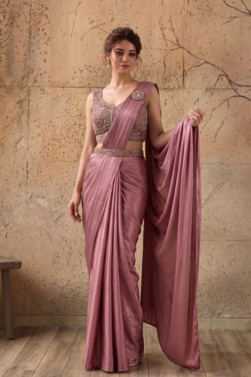 Rose Pink Lycra Pre-Draped Saree with Ready to Wear Blouse