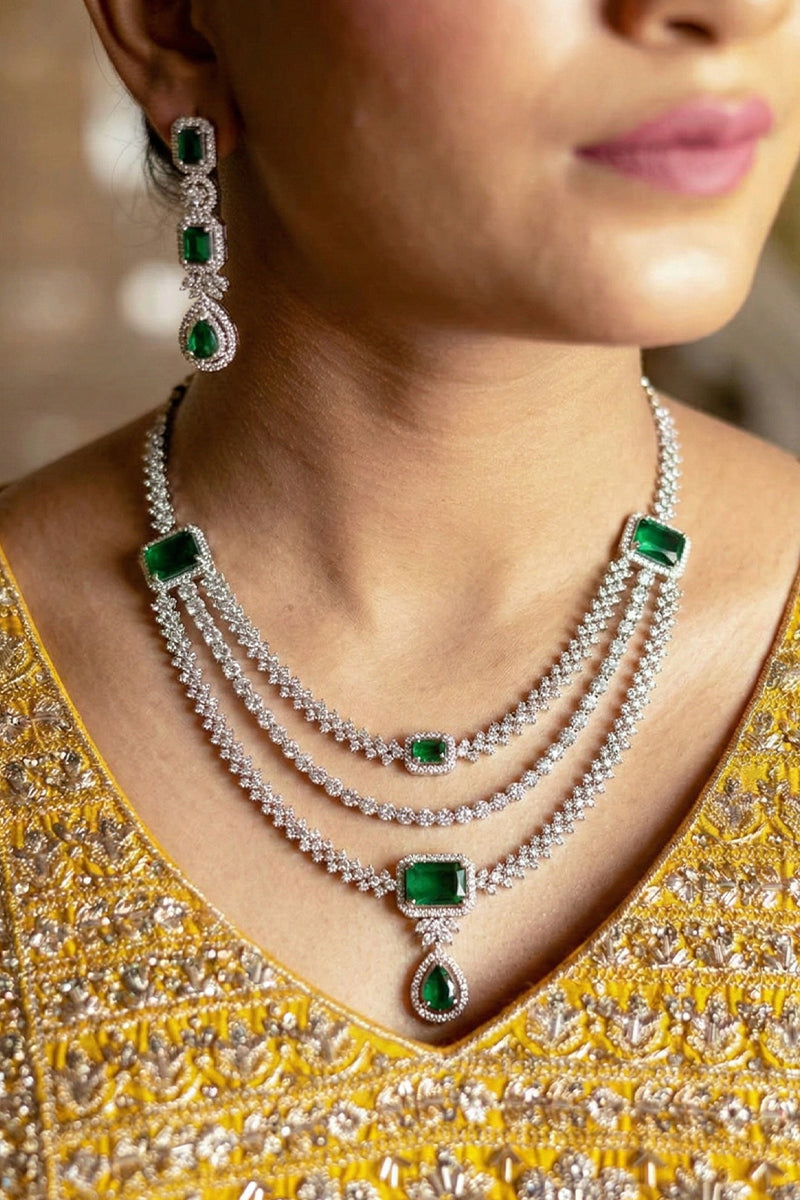 Royal Emerald Green Square-Cut American Diamond 3-Layer Necklace Set