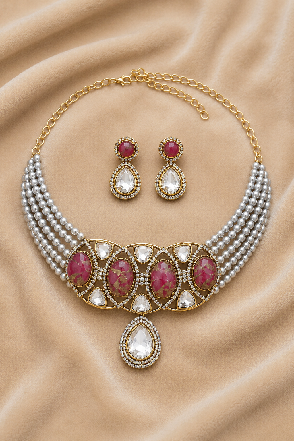 Pearl Multi-Strand Kundan Necklace Set with Red & White Teardrop Stones and Matching Earrings