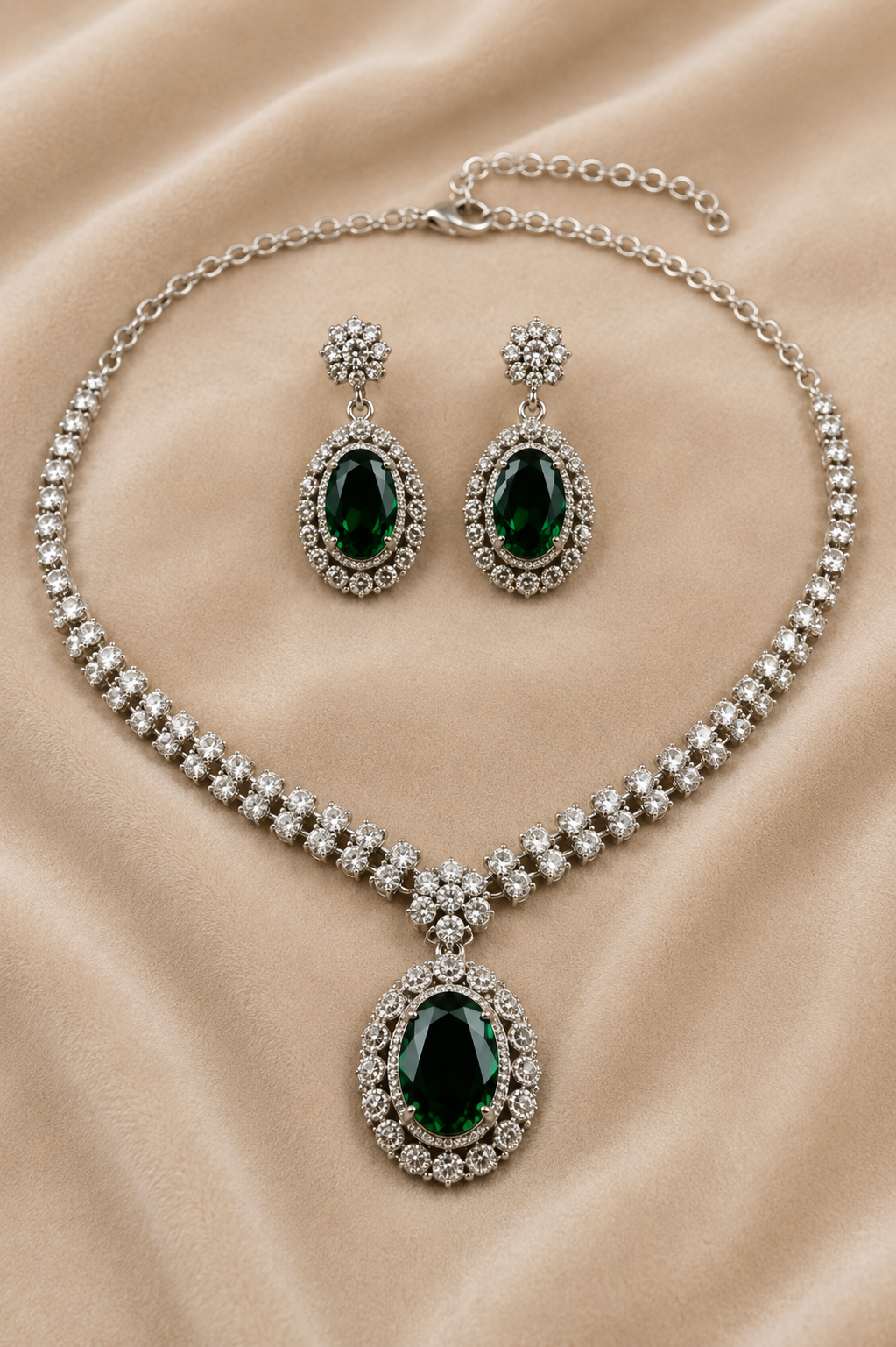 Emerald Green American Diamond Necklace with Earrings Jewellery Set