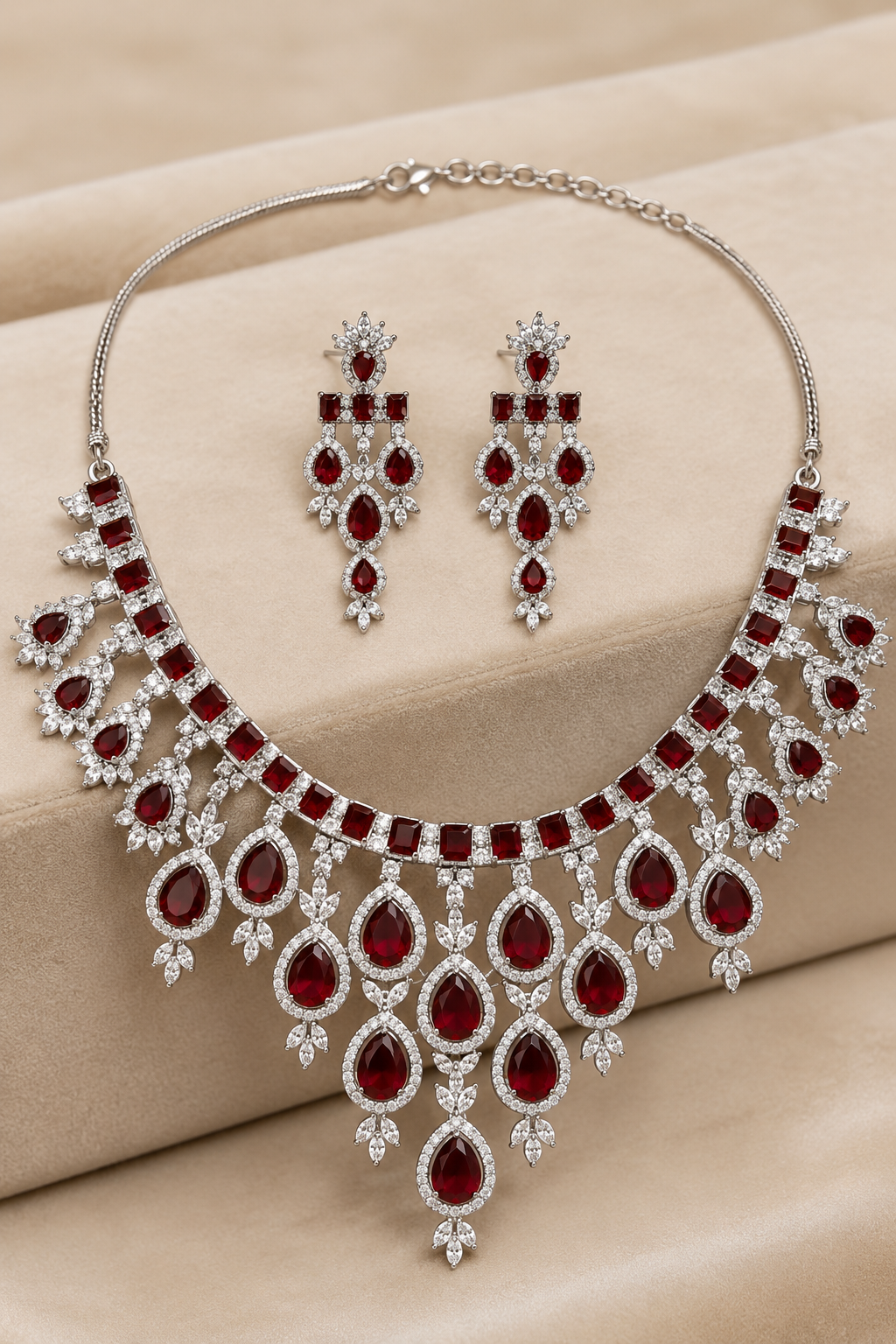 Royal Ruby Teardrop Diamond-Studded Statement Necklace with Cascading Drop Design