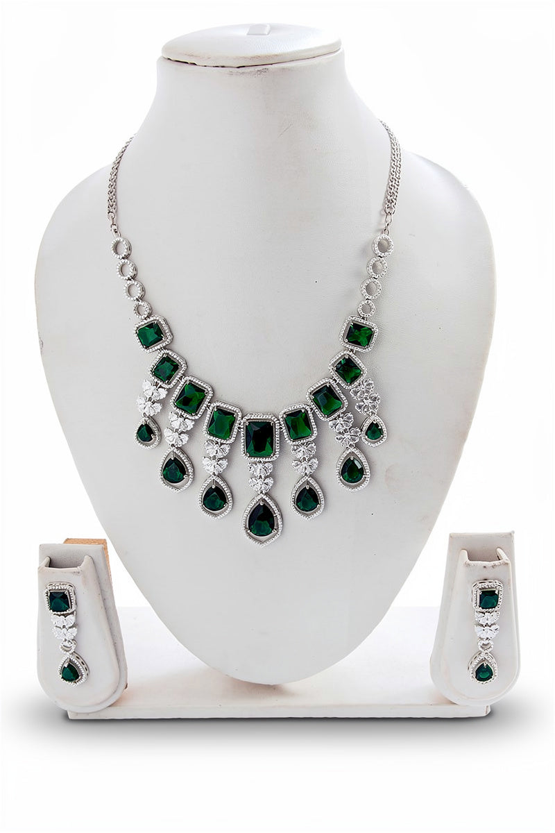 Emerald Stone Choker Necklace Set with Crystal Drop Detailing