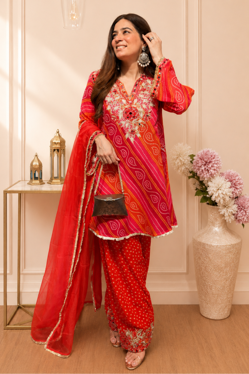 Red Georgette Printed Suit Set with Floral Embroidered Work