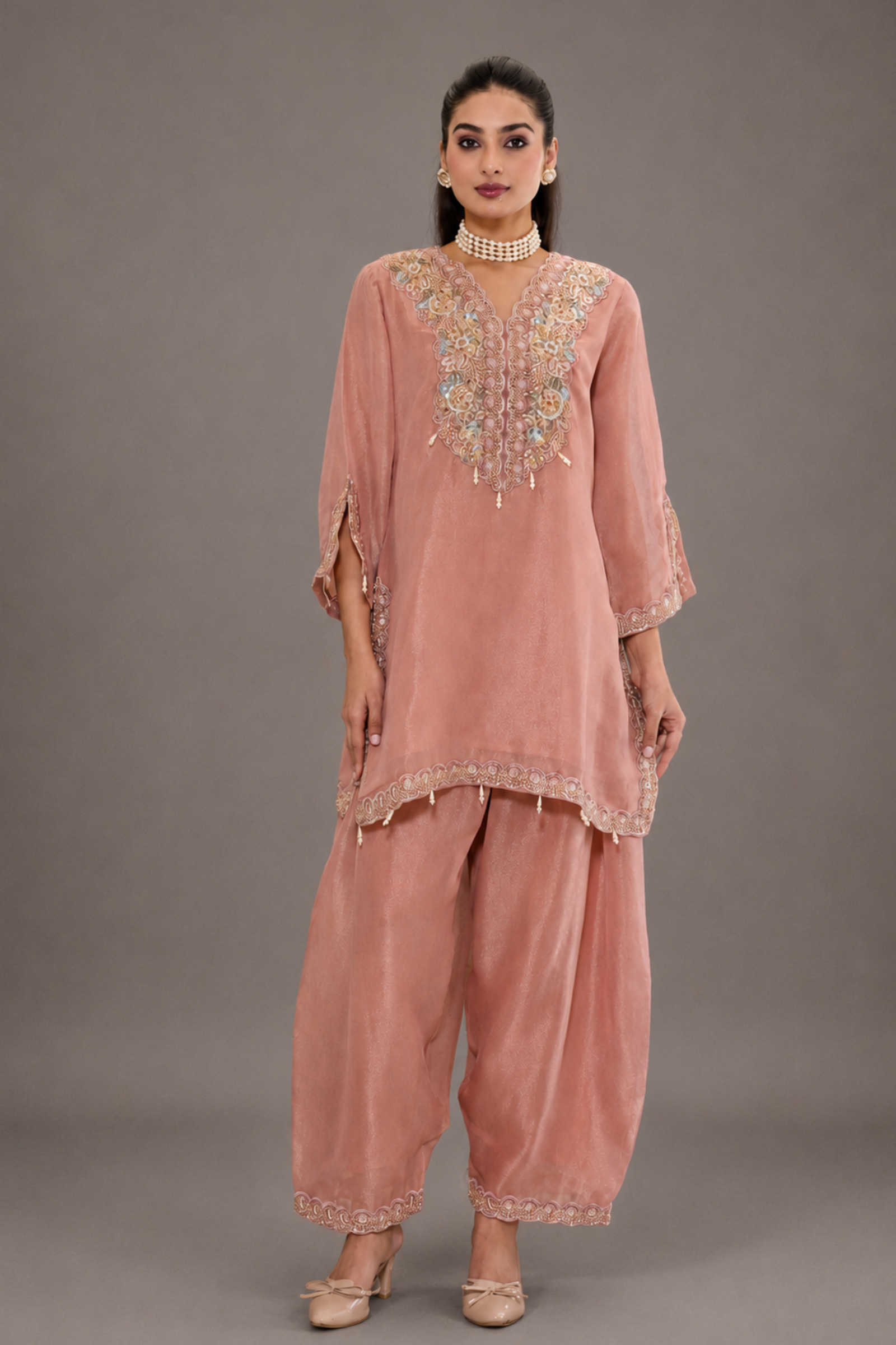 Blush Pink Shimmer Silk Kurta Set with Embroidered Designer Work
