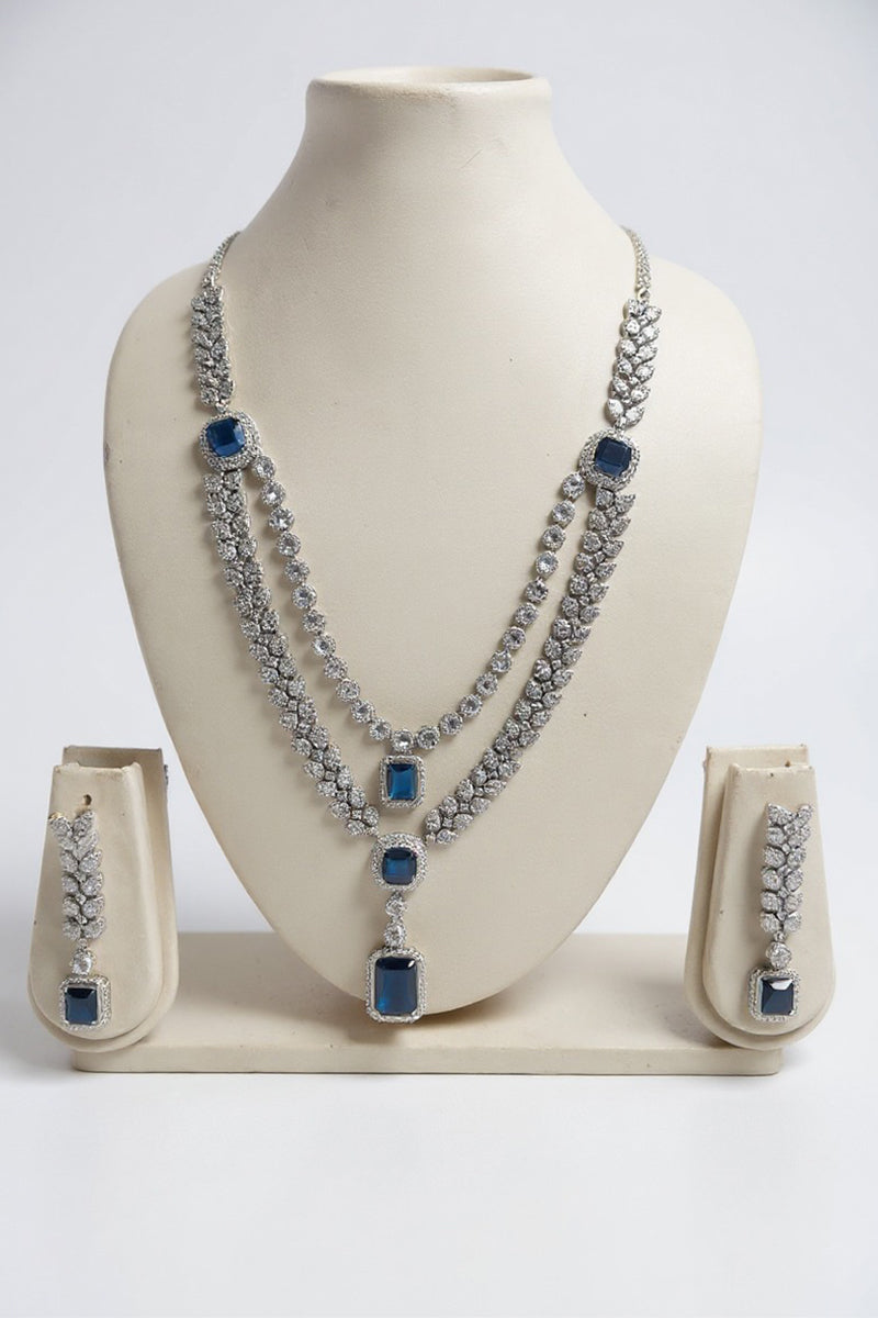Royal Dark Blue American Diamond Double-Layer Leaf Necklace