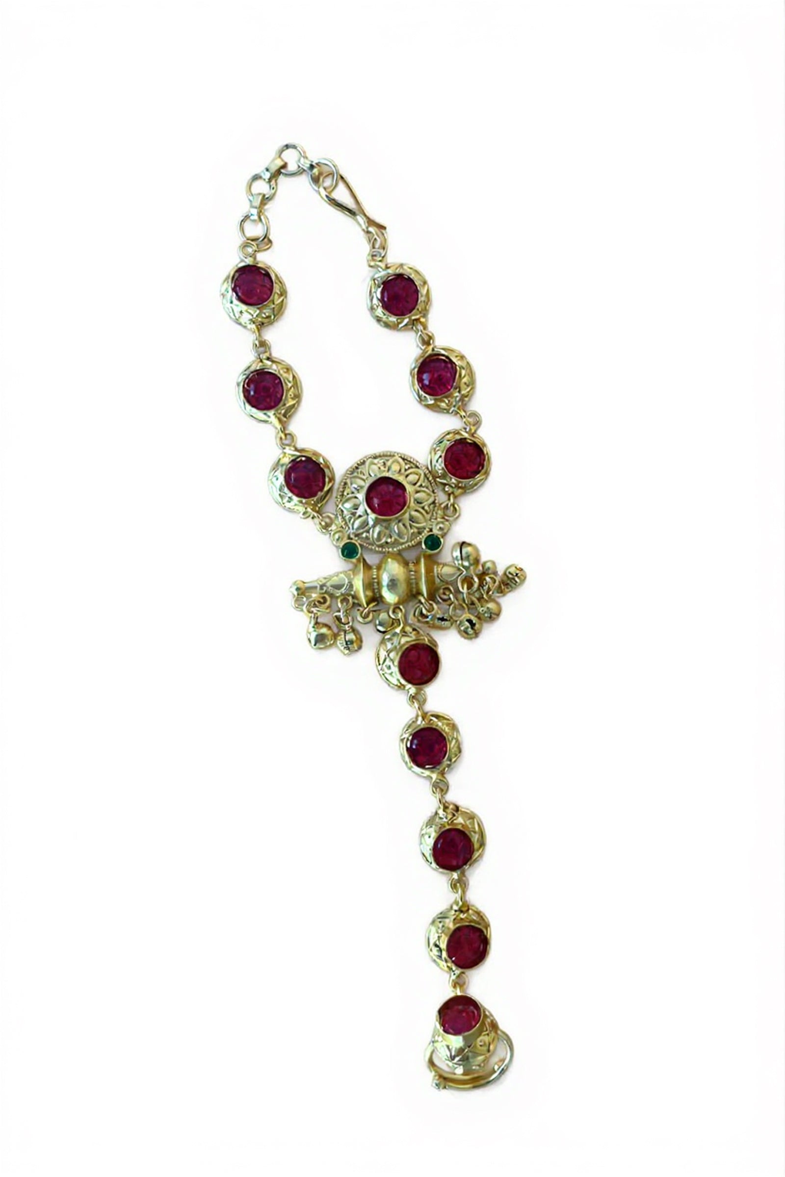 Royal Red Stone Golden Hathphool Bracelet with Jhumka Drop