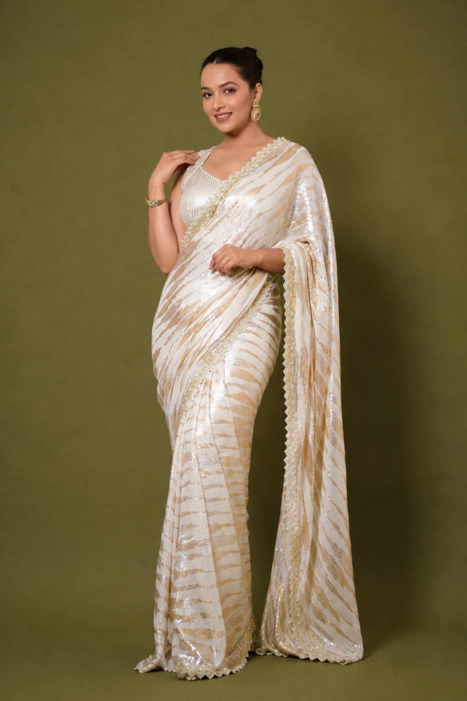 White & Champagne Gold Striped Sequin Embroidery Saree With Ready To Wear Blouse