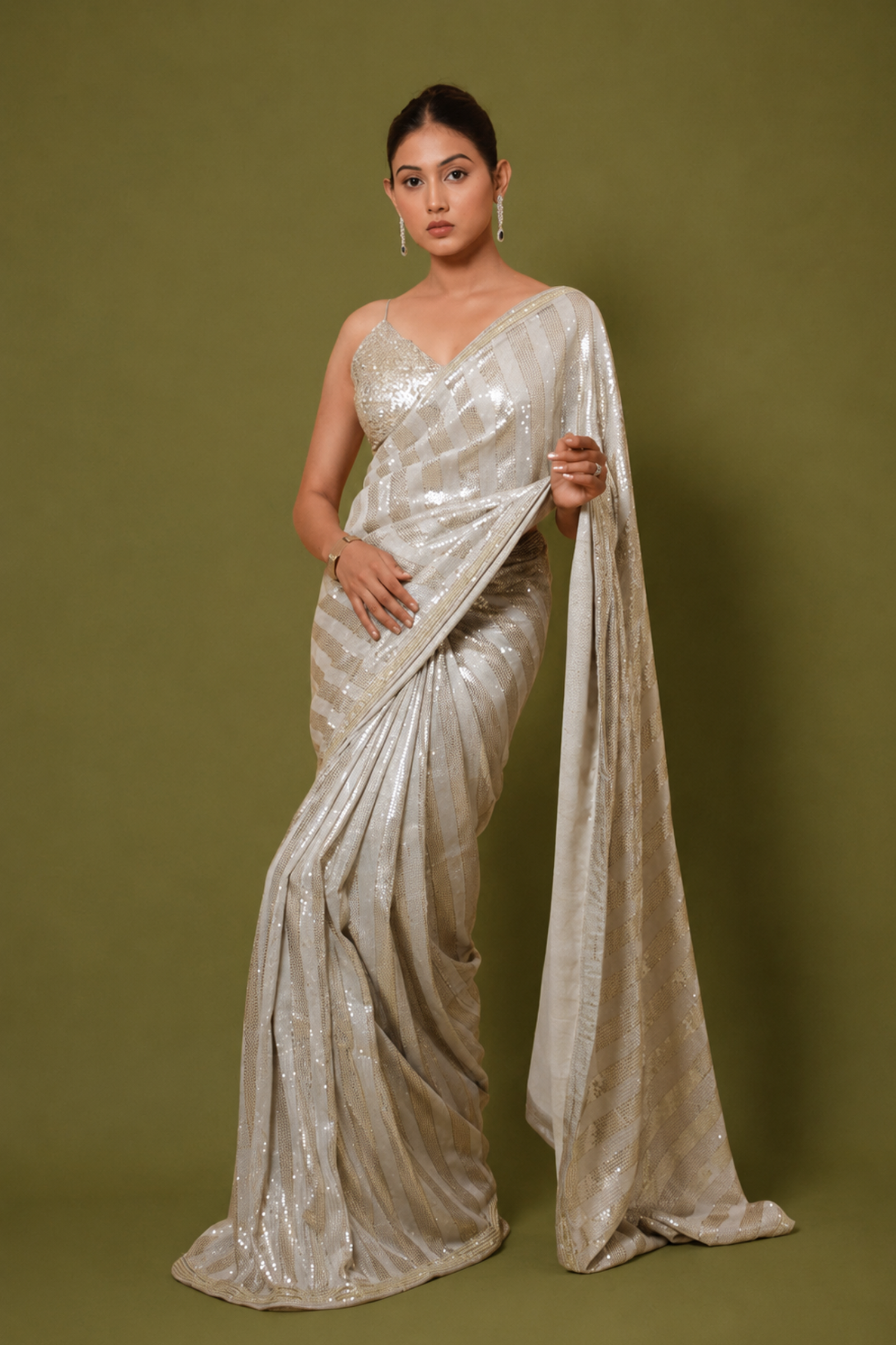 Off-White With Silver Diagonal Striped Sequin Embroidery Saree With Ready To Wear Blouse