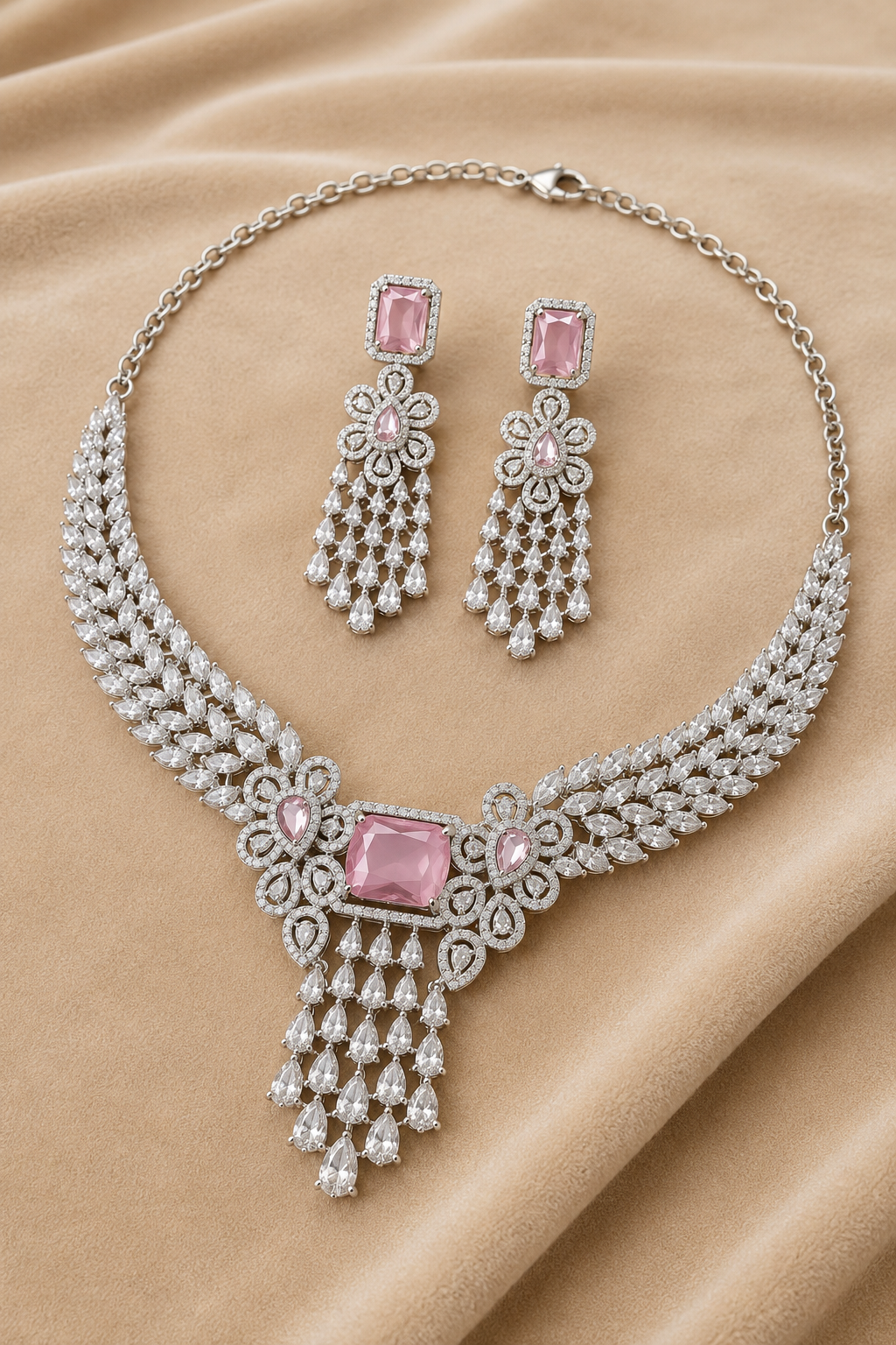 Pink Silver Tone American Diamond Necklace Set with Floral Motif