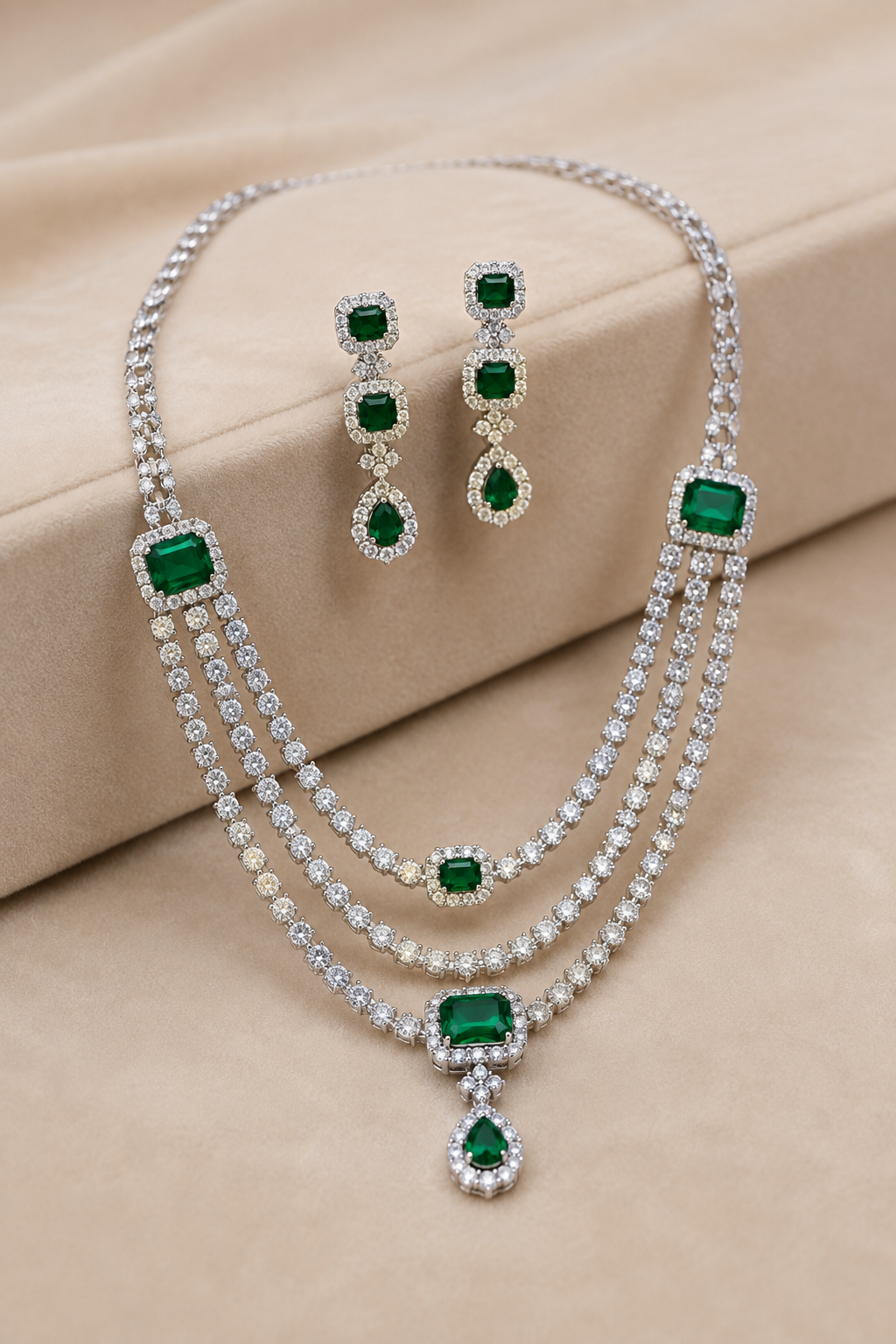 Royal Emerald Green Square-Cut American Diamond 3-Layer Necklace Set