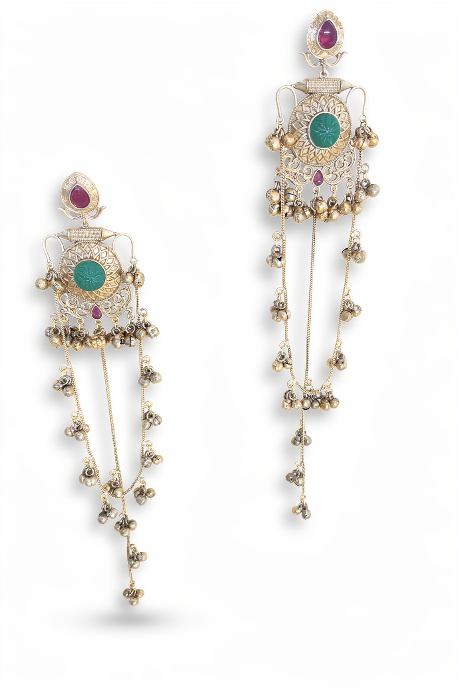 Royal Red & Green Stone Teardrop Earrings with Kanoti Chain