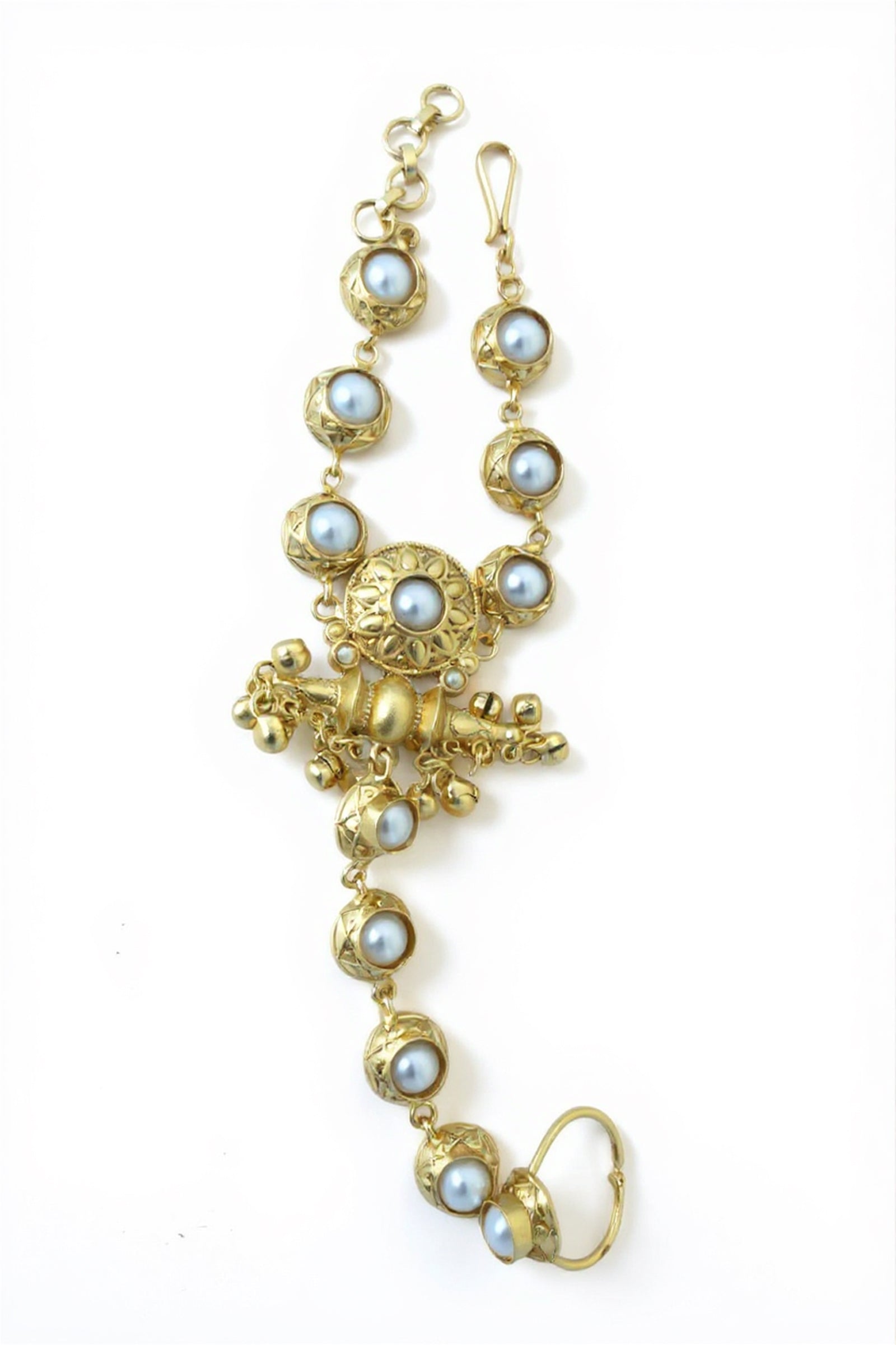 Royal Red Stone Golden Hathphool Bracelet with Jhumka Drop