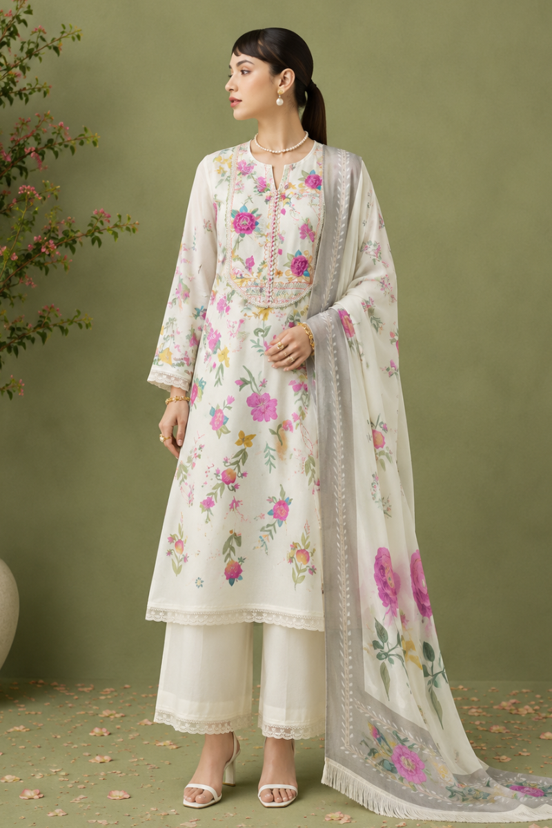 Off-White Pure Cotton Lawn Suit Set With Resham Embroidery, Digital Print & Scalloped Crochet Design