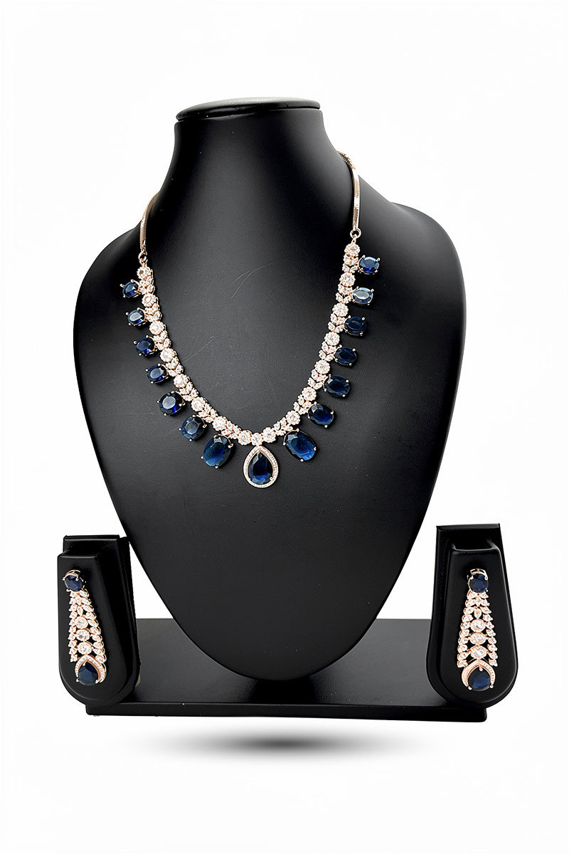 Emerald Teardrop Stone Necklace Set with American Diamond Detailing