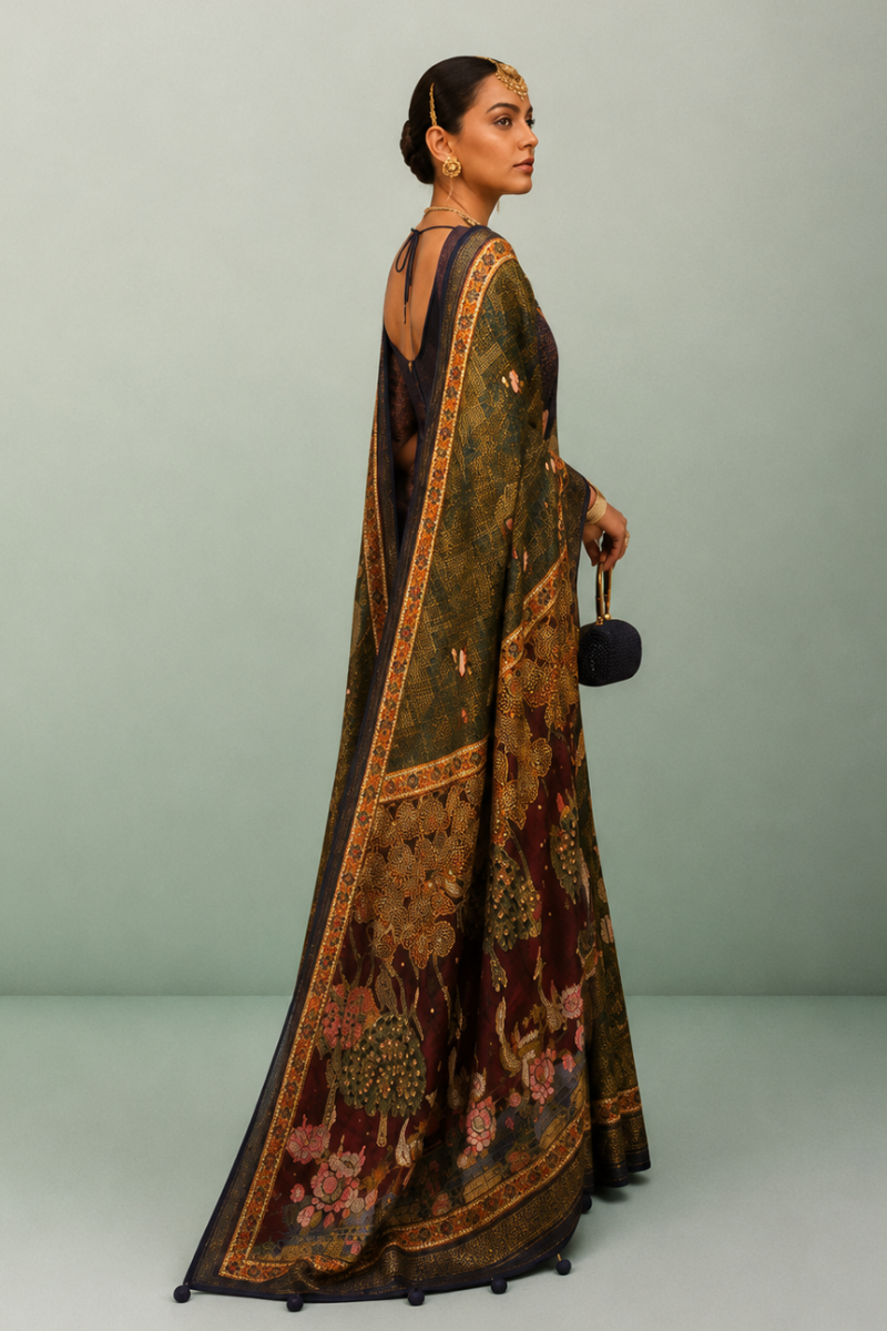 Mehndi Green Raw Silk Saree with Floral Motifs