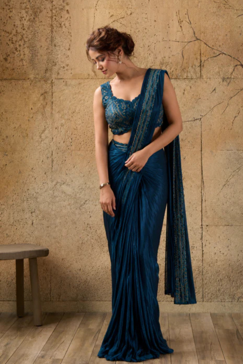 Teal Blue Georgette Pre-Draped Saree with Heavy Sequin Embroidered Ready to Wear Blouse