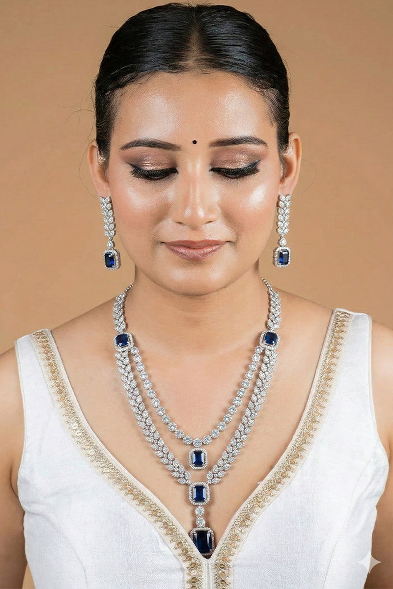 Royal Dark Blue American Diamond Double-Layer Leaf Necklace