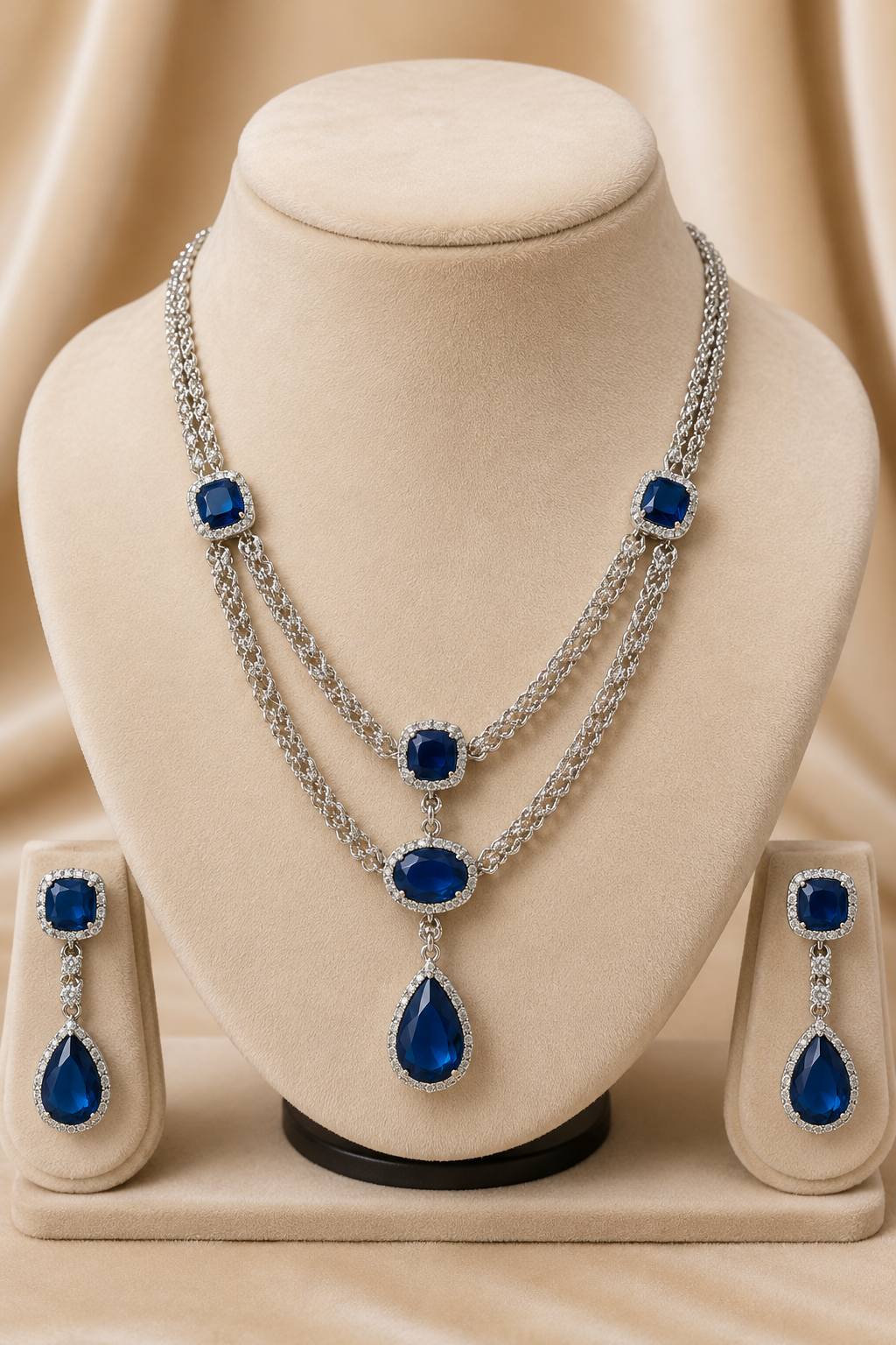 Sapphire Oval-Cut Necklace Set with American Diamond Detailing