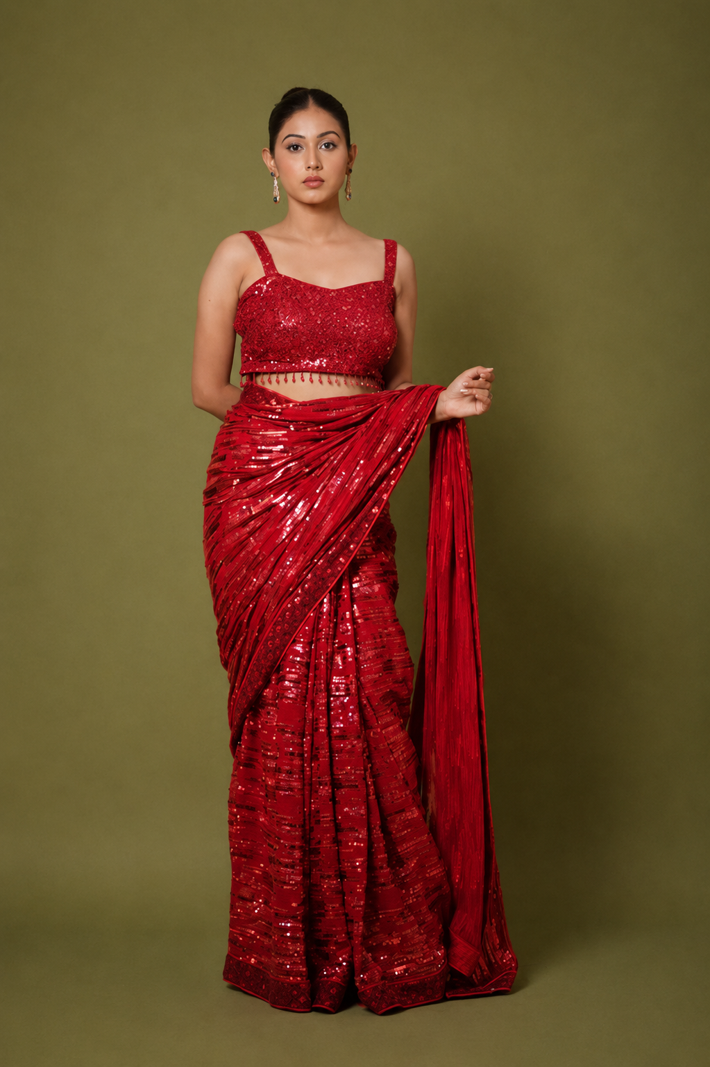 Hot Red Georgette Saree with All-Over Sequin Embroidery With Ready To Wear Blouse