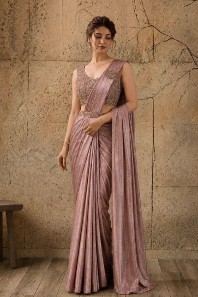 Light Rose Pink Lycra Pre-Draped Saree with Ready to Wear Blouse
