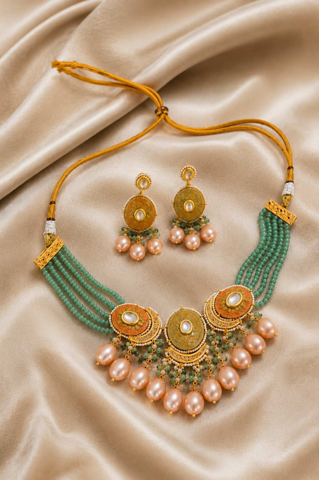 Gold Finish Kundan Sea Green Beads and Pearls Necklace Jewellery