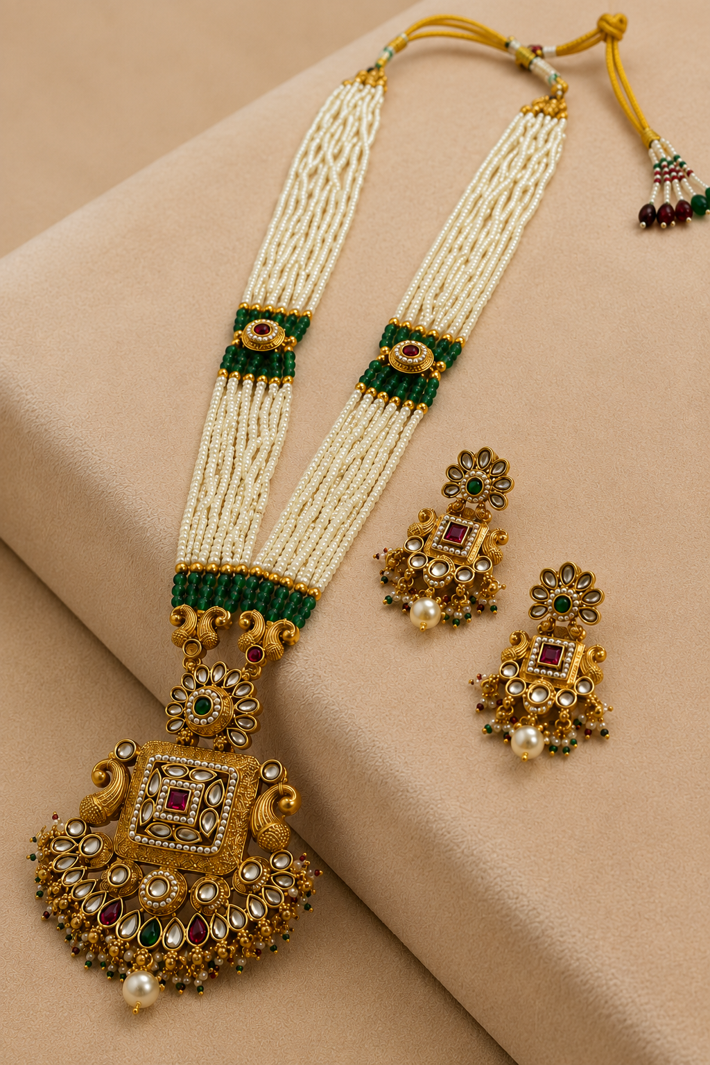 Gold-Tone Kundan Pearl Long Necklace Set with Multicolor Kundan Design