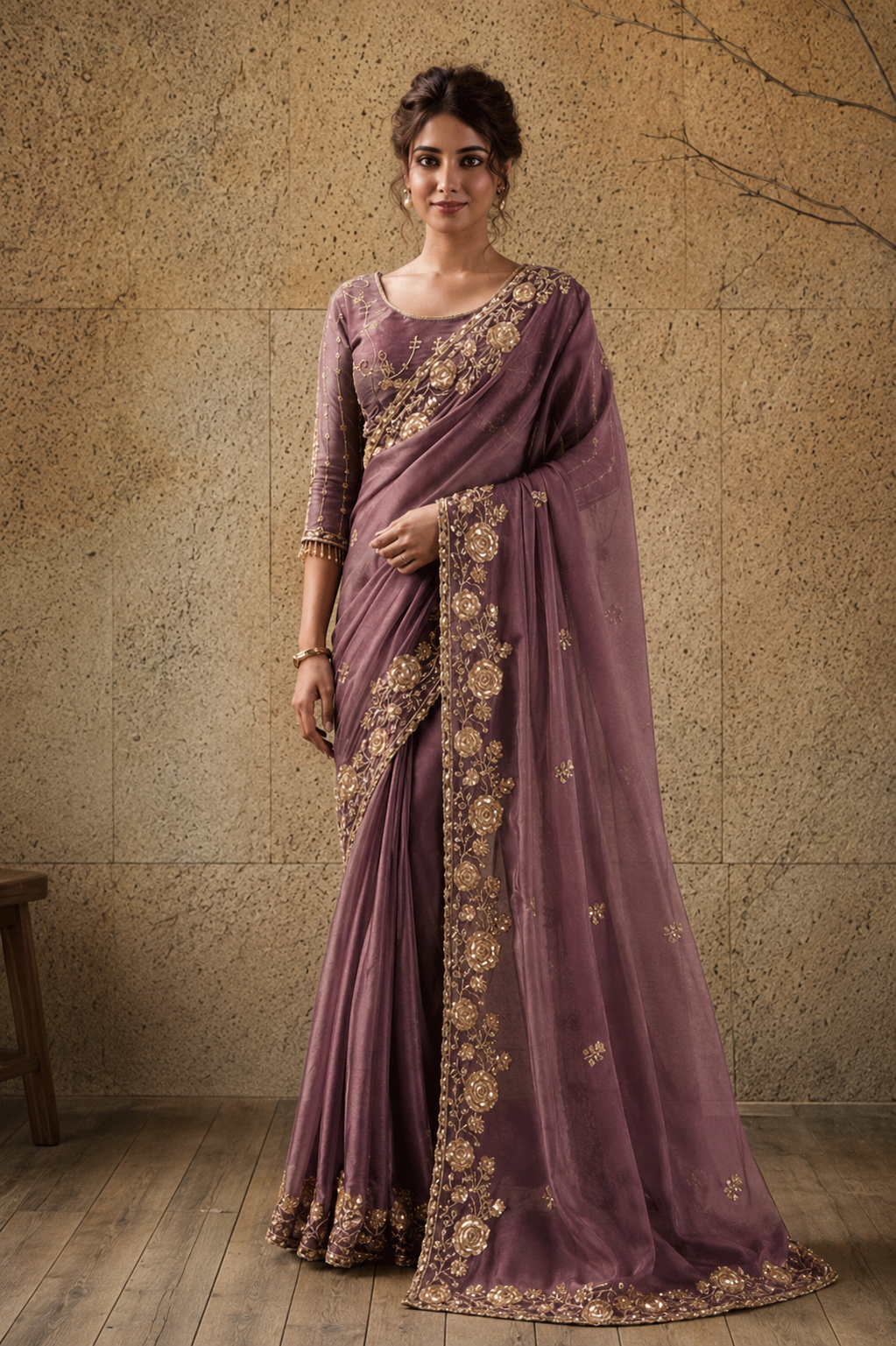 Mauve Pink Organza Saree with Floral Hand Embroidery