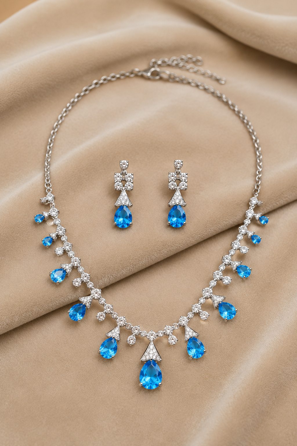 Sky Blue Teardrop Stone Necklace Set with Floral Diamond-Studded Detailing