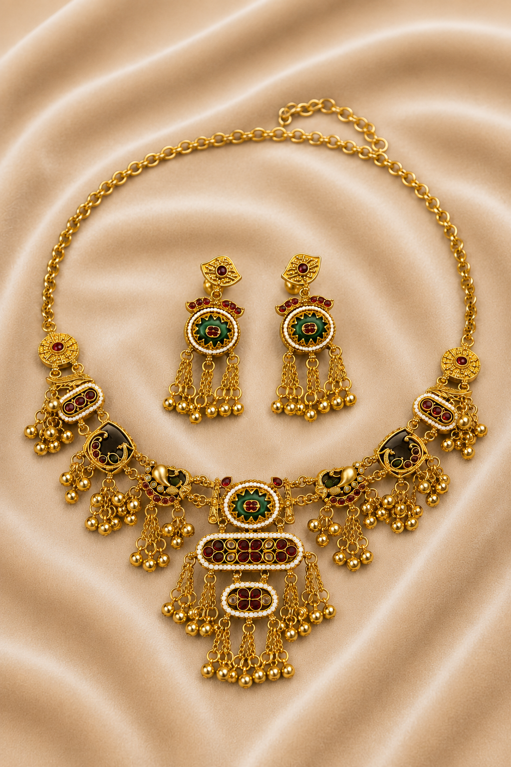 Gold-Tone Necklace Set With Red & Green Temple Design